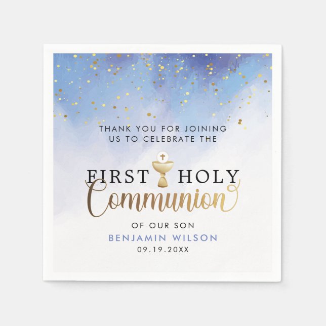 Blue Watercolor First Holy Communion Napkin (Front)