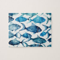 Blue Watercolor Fish Activity. Ocean Nautical Game