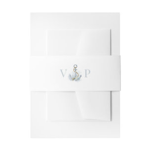 Blue Watercolor Floral Anchor Monogram Wedding Invitation Belly Band