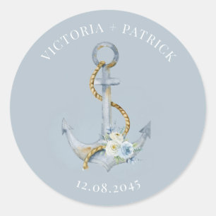 Blue Watercolor Floral Anchor Nautical Wedding Classic Round Sticker