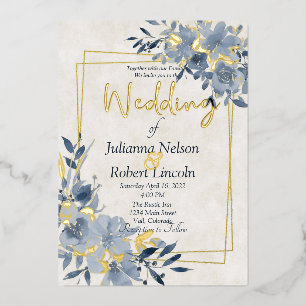 Blue watercolor floral and gold frame wedding 
