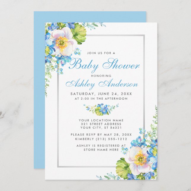 Blue Watercolor Floral Baby Shower Invitation (Front/Back)