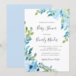 Blue Watercolor Floral Baby Shower Invitation