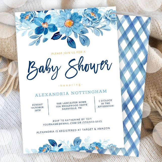 Blue Watercolor Floral Baby Shower Invitation (Blue Watercolor Floral Baby Shower Invitation)