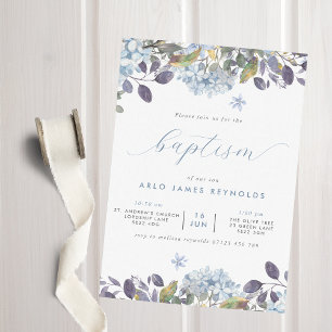 Blue Watercolor Floral Baptism Invitation