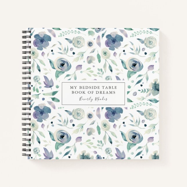 Blue Watercolor Floral Bedside Table Dreams Notebook (Front)