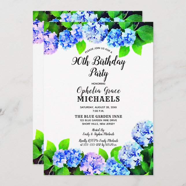 Blue Watercolor Floral Birthday Party Invitation (Front/Back)