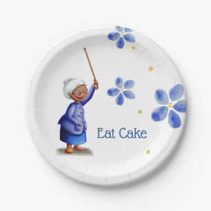 Blue Watercolor Floral Black Grandmother Birthday Paper Plate