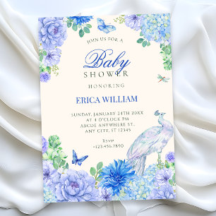 Blue watercolor floral bloom peacock baby shower invitation