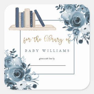 Blue Watercolor Floral Boy Baby Shower Bookplate Square Sticker