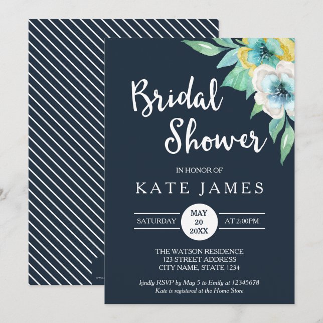 Blue Watercolor Floral Bridal Shower Invitation (Front/Back)