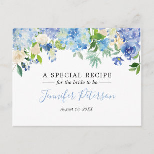 Blue Watercolor Floral Bridal Shower Recipe Card