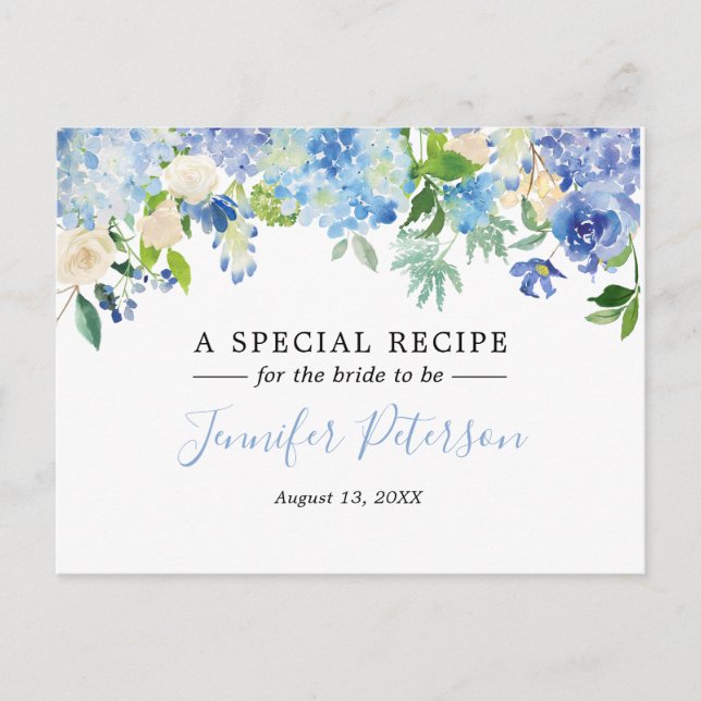 Blue Watercolor Floral Bridal Shower Recipe Card (Front)