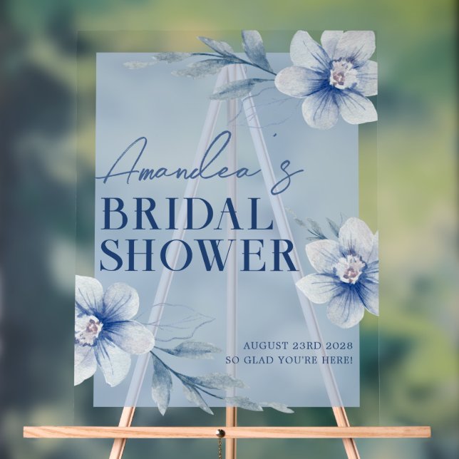Blue Watercolor Floral Bridal Shower Welcome Acrylic Sign (Neutral)