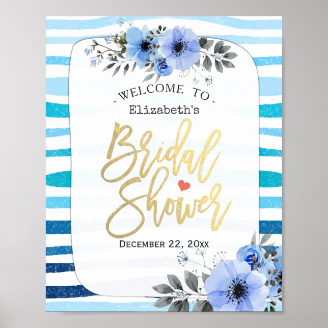Blue Watercolor Floral Bridal Shower Welcome Sign (Front)