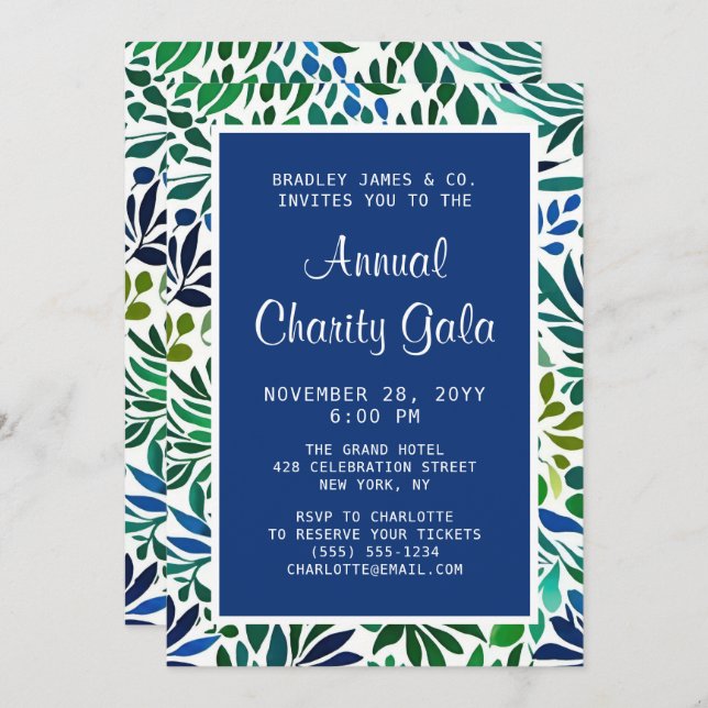 Blue Watercolor Floral Charity Event Gala Party Invitation (Front/Back)