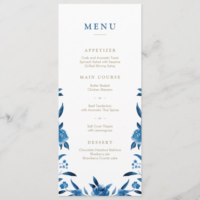 Blue Watercolor floral Chinoiserie Wedding menu (Front)