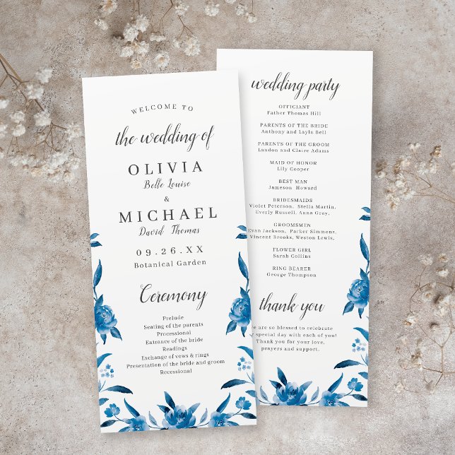 Blue Watercolor floral Chinoiserie Wedding Program (Blue Watercolor floral Chinoiserie Wedding Program)