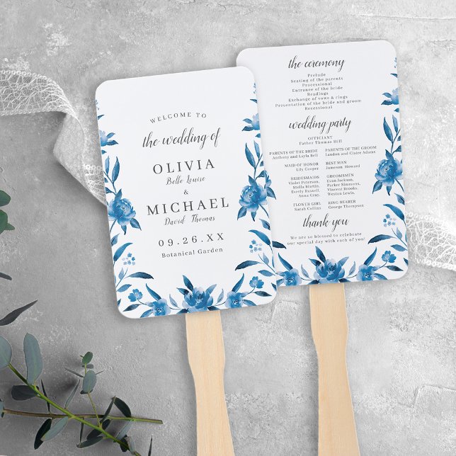 Blue Watercolor floral Chinoiserie Wedding Program Hand Fan (Blue Watercolor floral Chinoiserie Wedding Program Hand Fan)