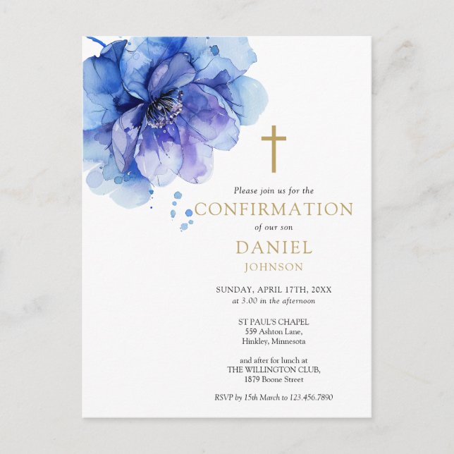 Blue Watercolor Floral Confirmation Invitation Postcard (Front)
