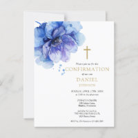 Blue Watercolor Floral Confirmation Invitation