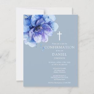 Blue Watercolor Floral Confirmation Invitation Postcard