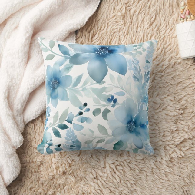 Blue Watercolor Floral Cushion (Blanket)