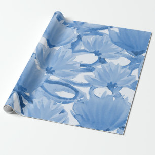 Blue Watercolor Floral Design Wrapping Paper