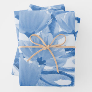 Blue Watercolor Floral Design Wrapping Paper Sheet