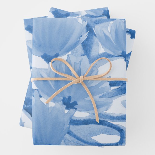 Blue Watercolor Floral Design Wrapping Paper Sheet (In situ)