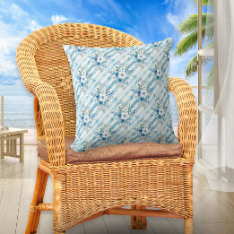 Blue Watercolor Floral & Diagonal Stripes Coastal  Cushion