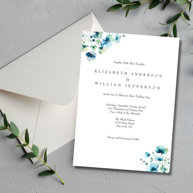 Blue Watercolor Floral Elegant Formal Wedding Invitation (Blue Floral Watercolor Elegant Formal Wedding inviation)