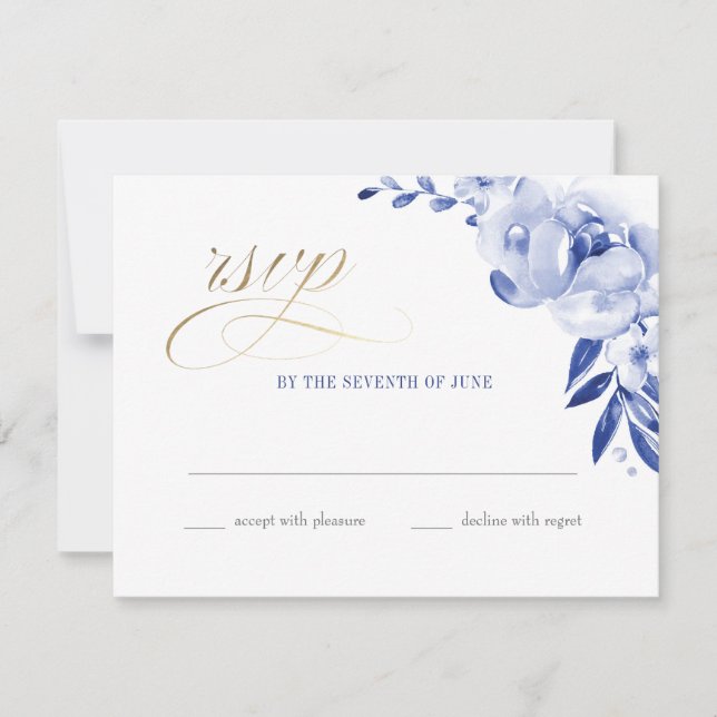 Blue Watercolor Floral Faux Foil RSVP Postcard (Front)