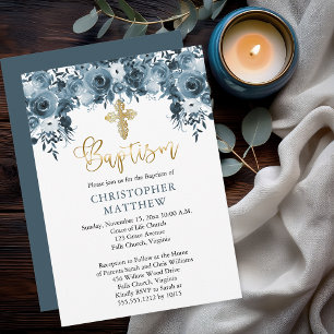 Blue Watercolor Floral   Faux Gold Boy Baptism Inv Invitation
