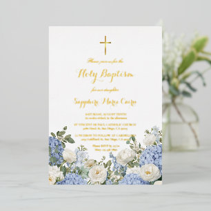 Blue Watercolor Floral Foil Baptism Invitation