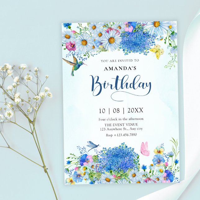 Blue watercolor floral garden birthday invitation (Creator Uploaded)