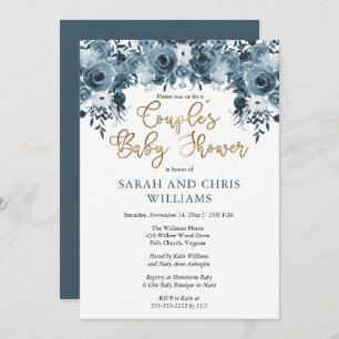 Blue Watercolor Floral   Gold Couples Baby Shower Invitation