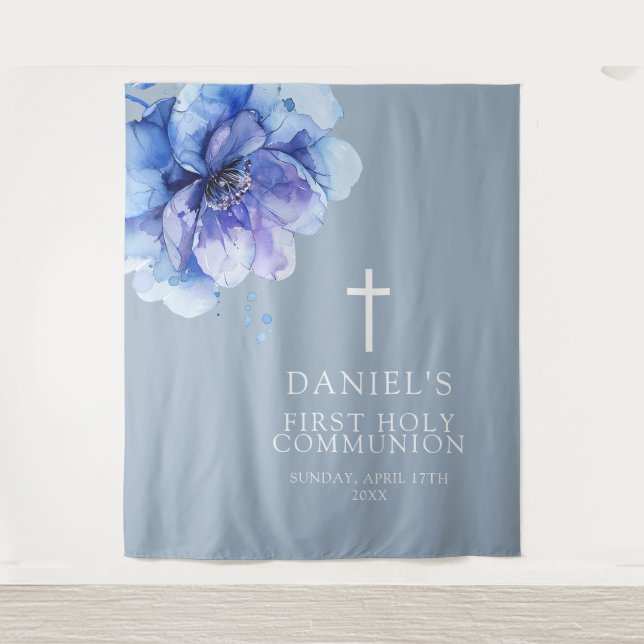 Blue Watercolor Floral Holy Communion Backdrop Tapestry (Front)
