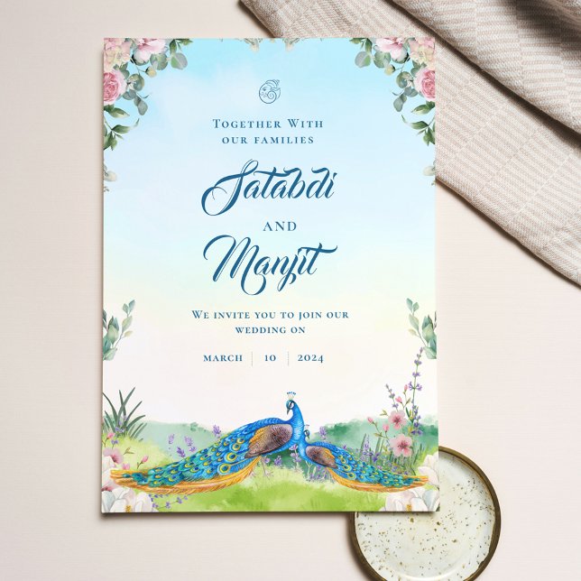 Blue Watercolor Floral Indian Peacock Wedding  Invitation (Creator Uploaded)