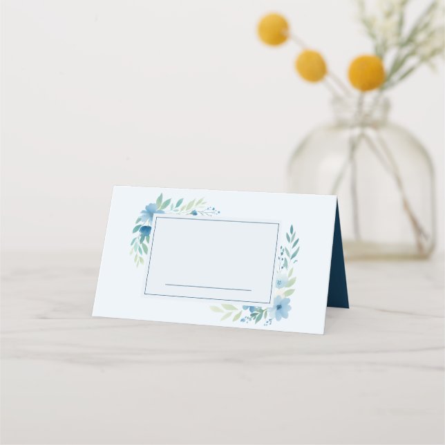 Blue Watercolor Floral Name Place Card (Front)