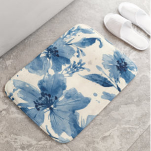 Blue Watercolor Floral Painted Botanical Whimsical Bath Mat