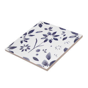 Blue Watercolor Floral Pattern Ceramic Tile
