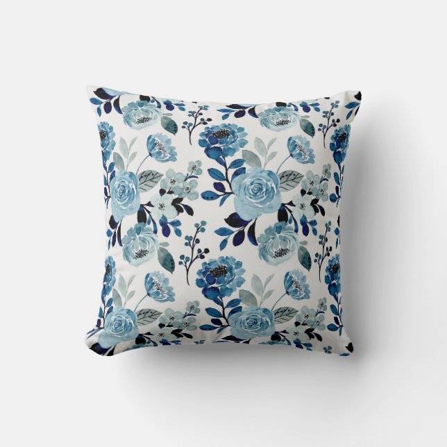 Blue watercolor floral pattern cushion (Front)