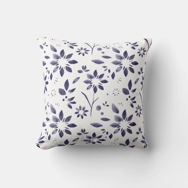Blue Watercolor Floral Pattern Cushion (Front)