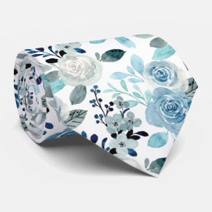 Blue Watercolor Floral Pattern on White, Wedding Tie