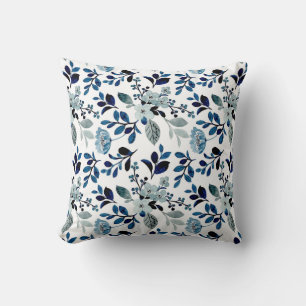Blue watercolor floral pattern throw pillow