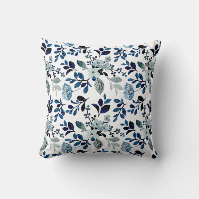 Blue watercolor floral pattern throw pillow (Front)