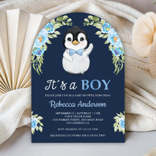 Blue Watercolor Floral Penguin Navy Baby Shower Invitation