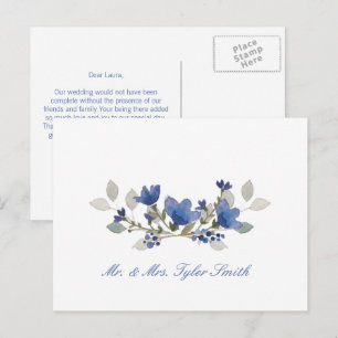 Blue Watercolor Floral Personalised Wedding Postcard