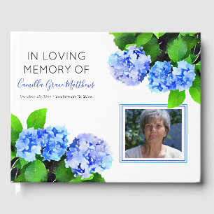 Blue Watercolor Floral Photo Bereavement   Funeral Guest Book